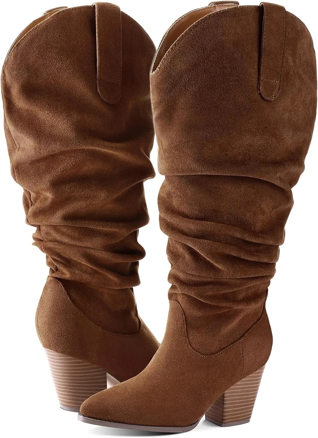 mysoft Women's Wide/Extra Wide Calf Knee High Boots Cowgirl Low Chunky Stacked Heel Wide Width Pointed Toe Slouchy Tall Boots with Zippers