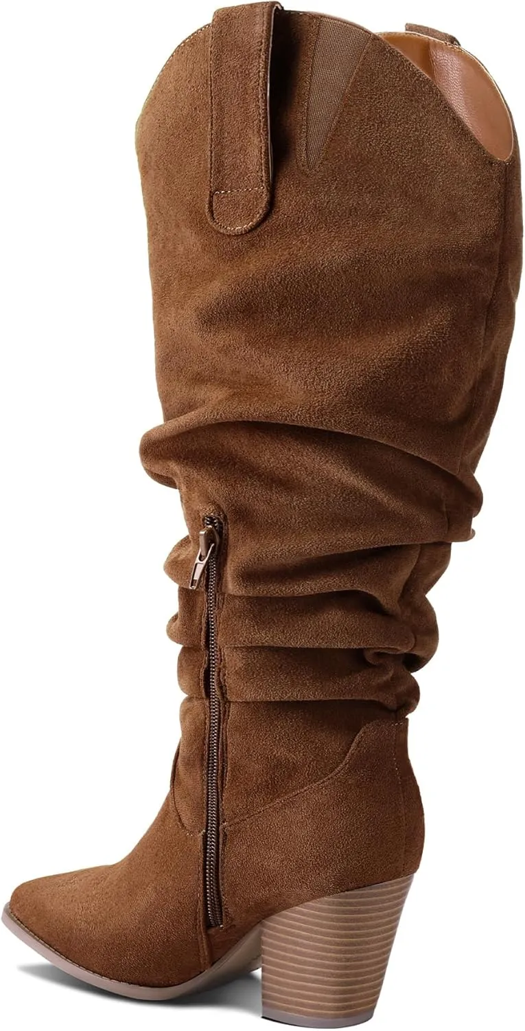 mysoft Women's Wide/Extra Wide Calf Knee High Boots Cowgirl Low Chunky Stacked Heel Wide Width Pointed Toe Slouchy Tall Boots with Zippers