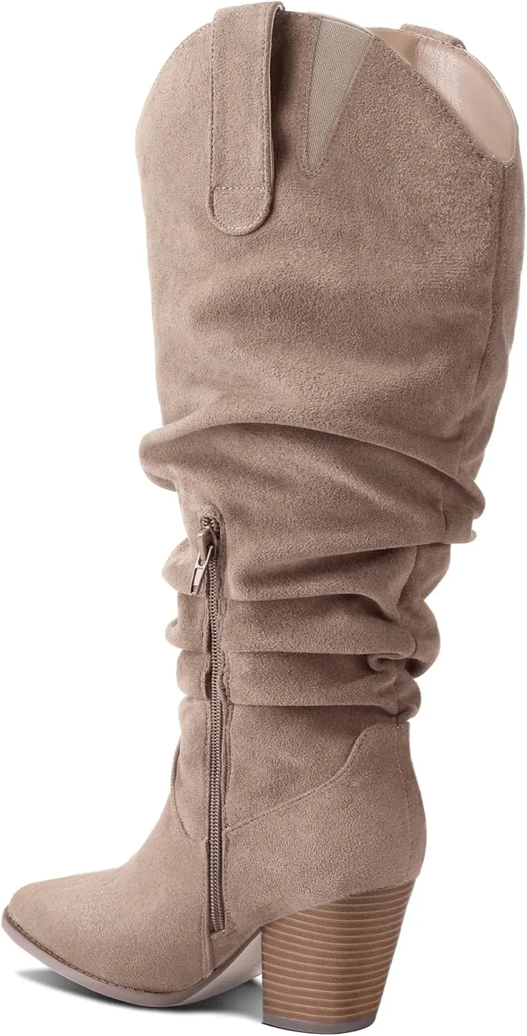 mysoft Women's Wide/Extra Wide Calf Knee High Boots Cowgirl Low Chunky Stacked Heel Wide Width Pointed Toe Slouchy Tall Boots with Zippers