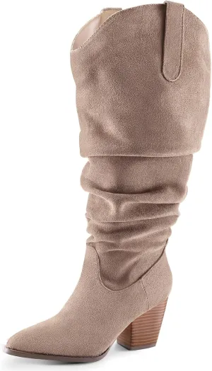 mysoft Women's Wide/Extra Wide Calf Knee High Boots Cowgirl Low Chunky Stacked Heel Wide Width Pointed Toe Slouchy Tall Boots with Zippers