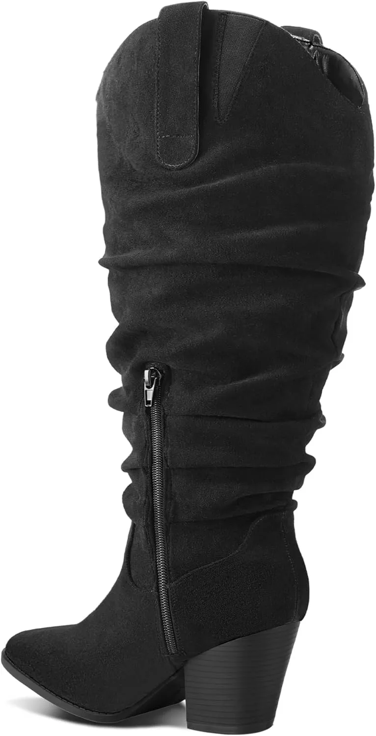 mysoft Women's Wide/Extra Wide Calf Knee High Boots Cowgirl Low Chunky Stacked Heel Wide Width Pointed Toe Slouchy Tall Boots with Zippers