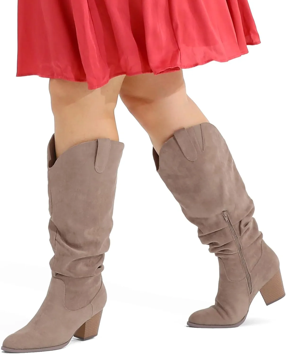 mysoft Women's Wide/Extra Wide Calf Knee High Boots Cowgirl Low Chunky Stacked Heel Wide Width Pointed Toe Slouchy Tall Boots with Zippers