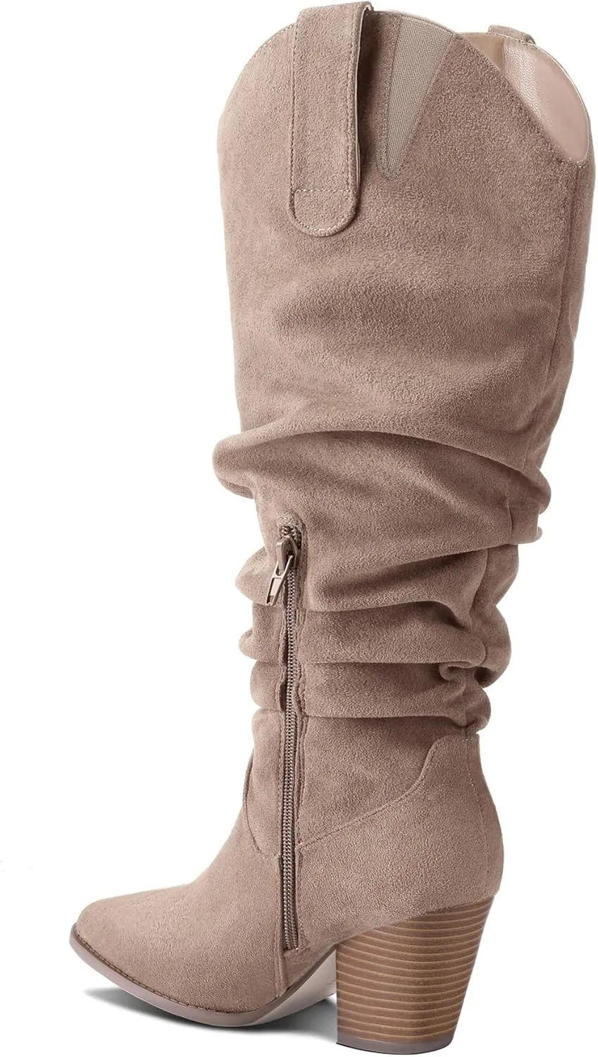 mysoft Women's Wide/Extra Wide Calf Knee High Boots Cowgirl Low Chunky Stacked Heel Wide Width Pointed Toe Slouchy Tall Boots with Zippers