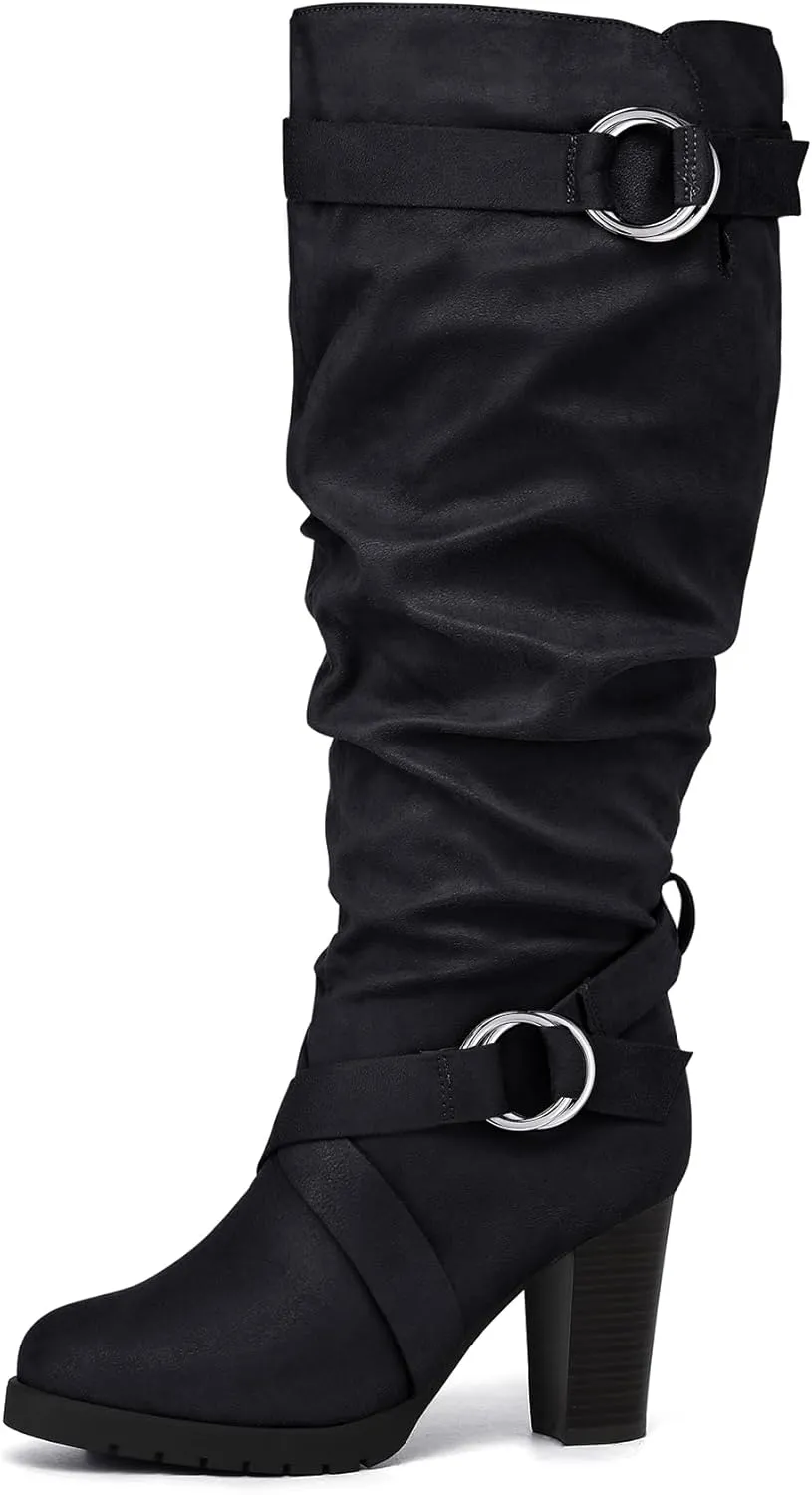 mysoft Women's Wide/Extra Wide Calf Knee High Boots Fashion Chunky Block Heel Pull On Winter Boots with Side Zippers