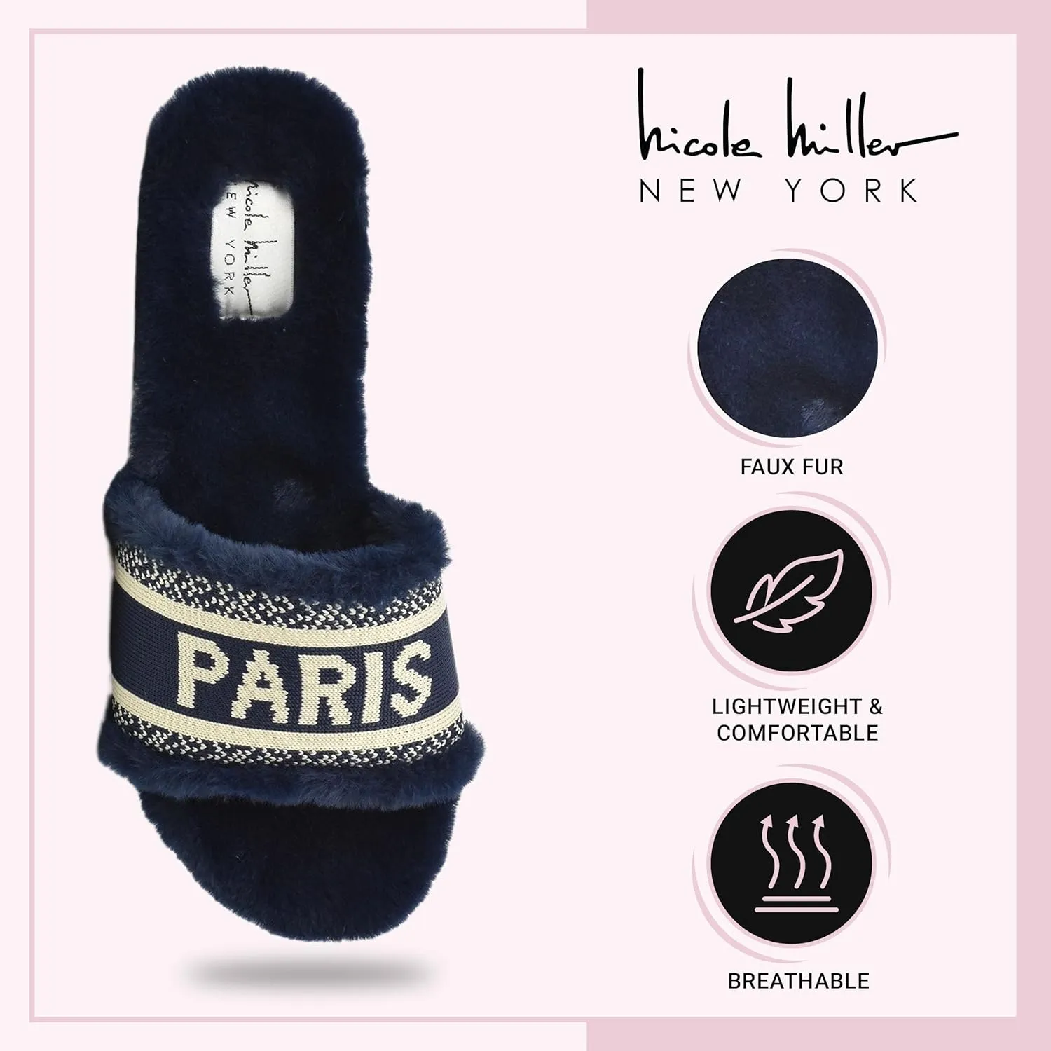 Nicole Miller Paris Flat Slide Slippers for Women, Chic Faux Fur Lined Sandals - Fashionable Women's Slippers Perfect for Indoor & Outdoor Use - Stylish Gifts for Women