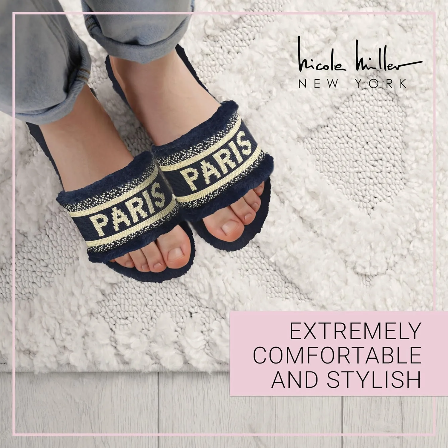 Nicole Miller Paris Flat Slide Slippers for Women, Chic Faux Fur Lined Sandals - Fashionable Women's Slippers Perfect for Indoor & Outdoor Use - Stylish Gifts for Women