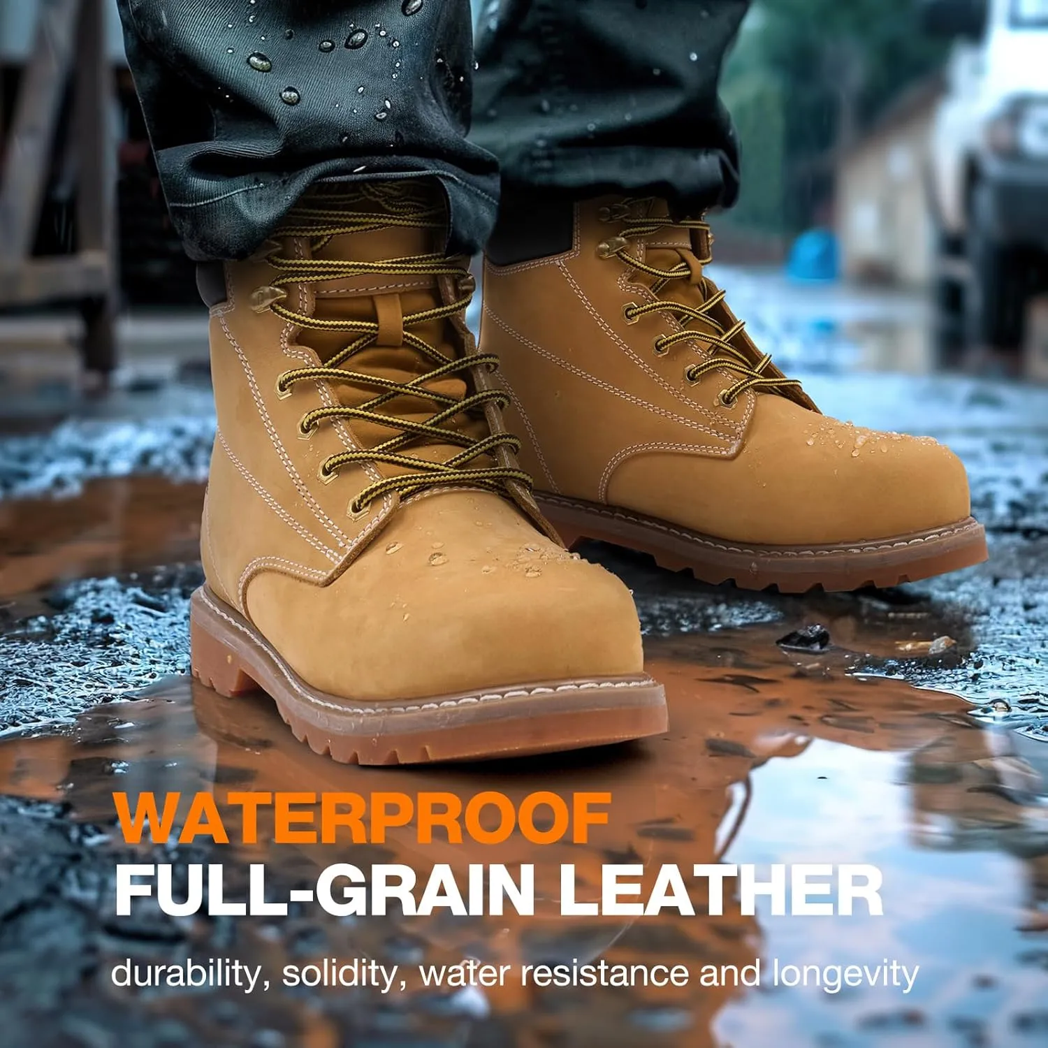 NINGO Steel Toe Work Boots for Men, Waterproof Comfortable Leather Industrial & Construction Boots, Oil & Slip Resistance Safety Shoes with EH Protection, for Outdoor Factories Warehouses Farms