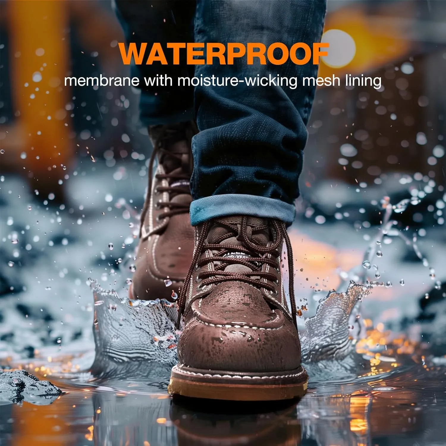 NINGO Steel/Soft Toe Work Boots for Men, 6 Inch Waterproof Mens Wedge Moc Toe Boots, Full-Grain Leather, Oil and Slip-Resistant Safety Boots, EH Protection,Work Boots for Construction, Industrial