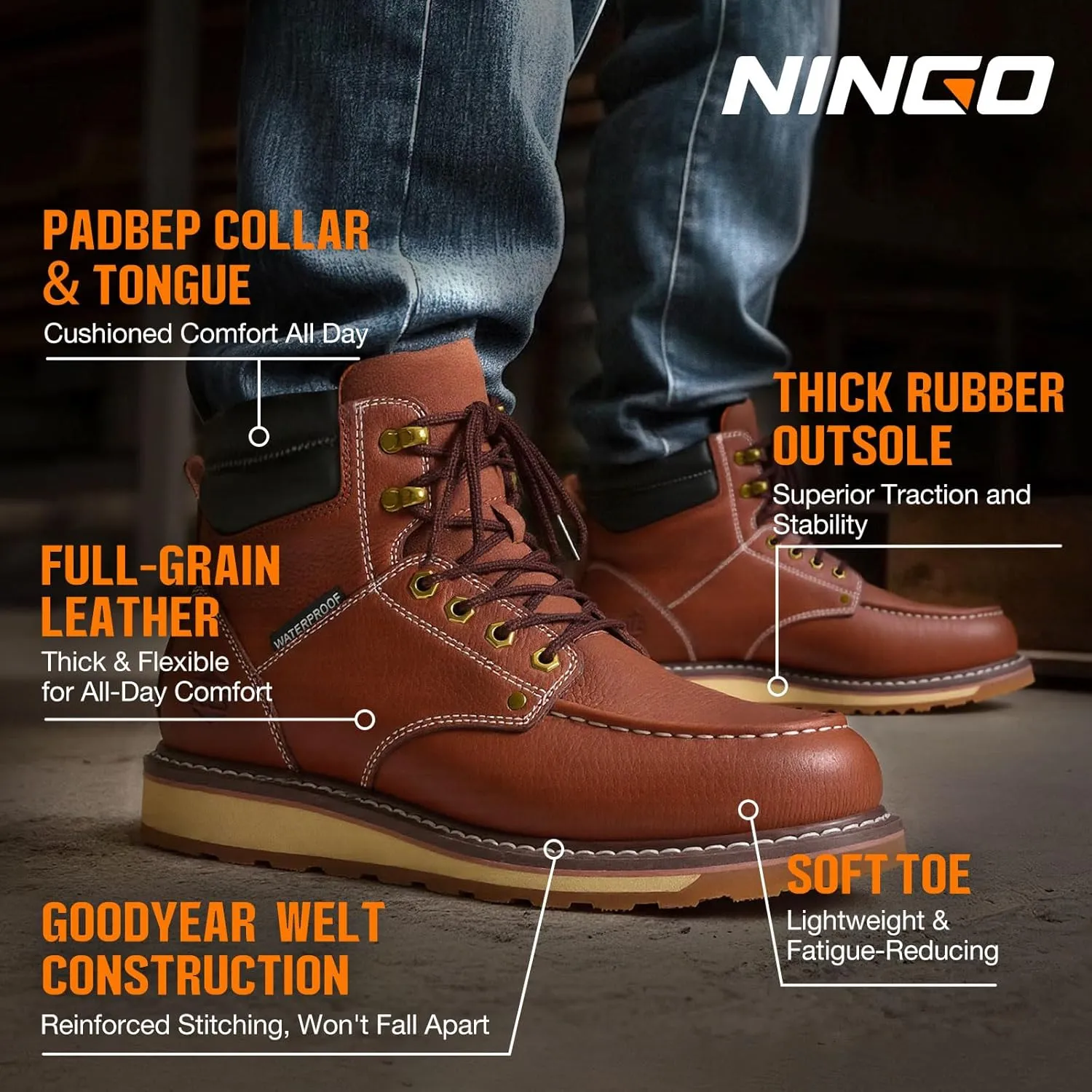NINGO Steel/Soft Toe Work Boots for Men, 6 Inch Waterproof Mens Wedge Moc Toe Boots, Full-Grain Leather, Oil and Slip-Resistant Safety Boots, EH Protection,Work Boots for Construction, Industrial