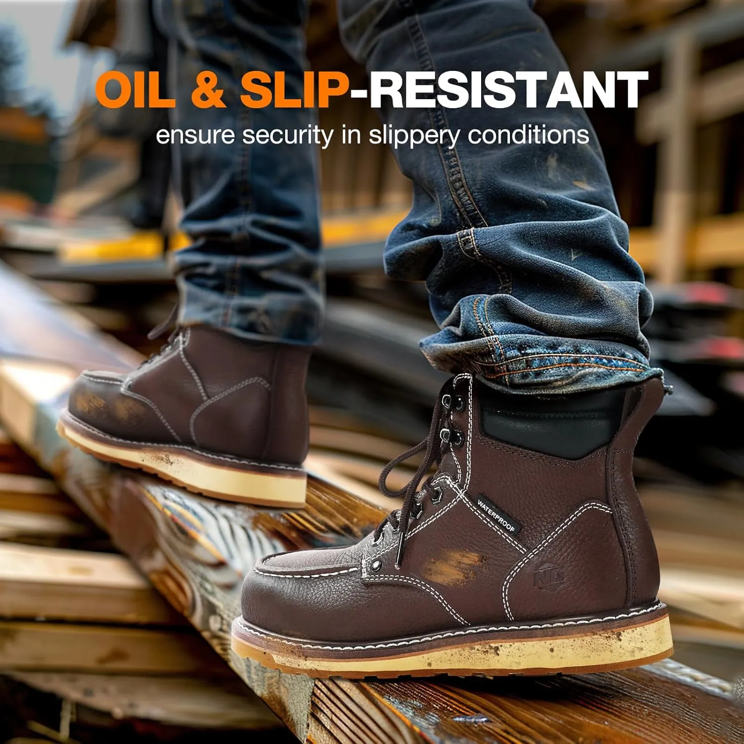 NINGO Steel/Soft Toe Work Boots for Men, 6 Inch Waterproof Mens Wedge Moc Toe Boots, Full-Grain Leather, Oil and Slip-Resistant Safety Boots, EH Protection,Work Boots for Construction, Industrial