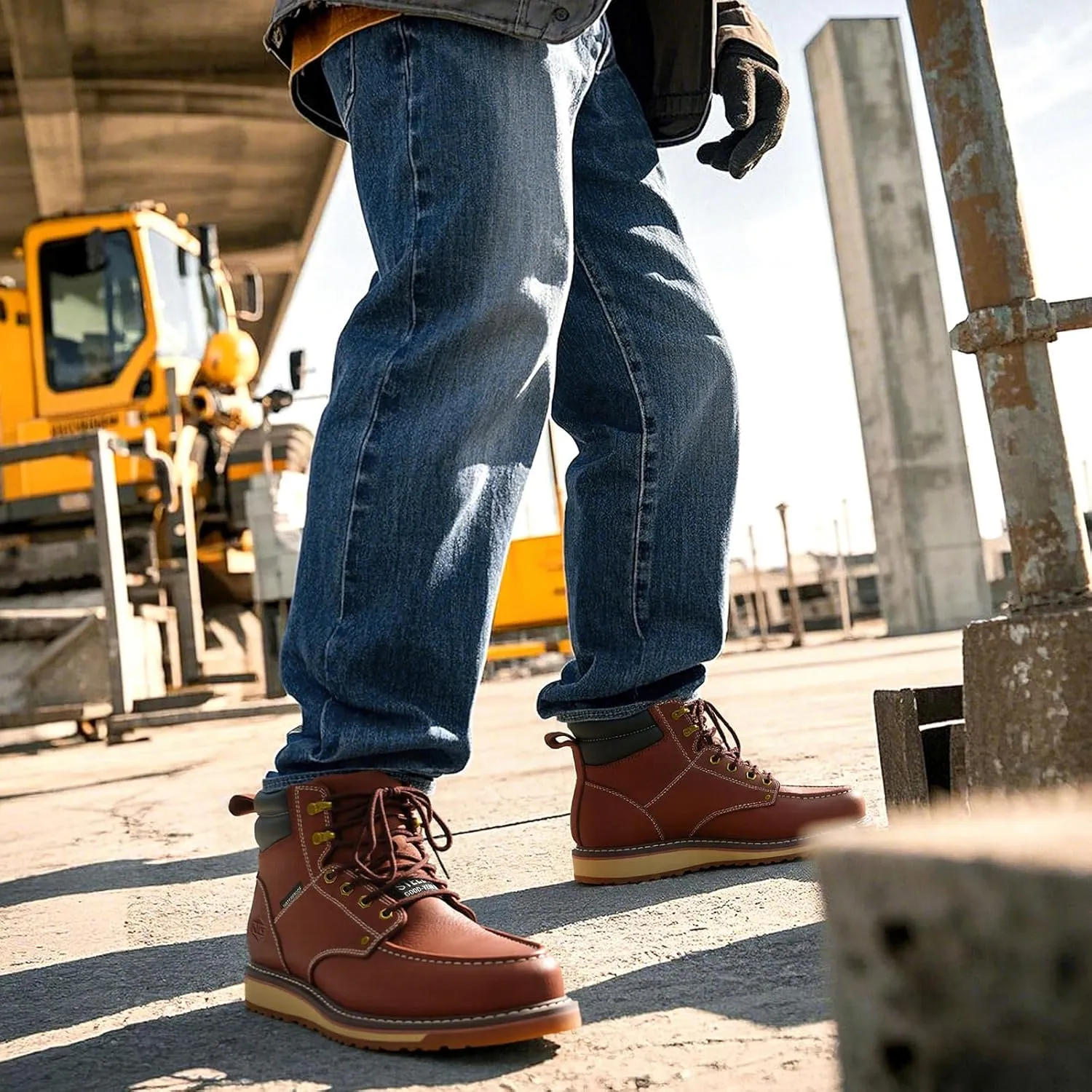 NINGO Steel/Soft Toe Work Boots for Men, 6 Inch Waterproof Mens Wedge Moc Toe Boots, Full-Grain Leather, Oil and Slip-Resistant Safety Boots, EH Protection,Work Boots for Construction, Industrial
