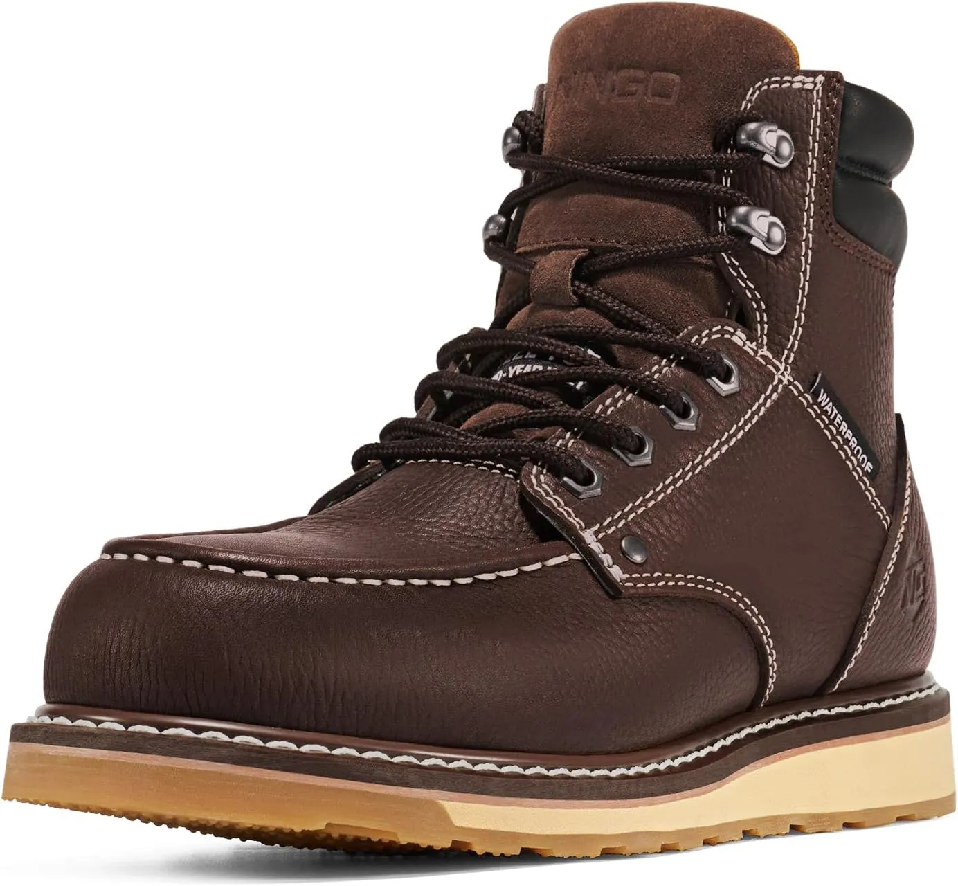 NINGO Steel/Soft Toe Work Boots for Men, 6 Inch Waterproof Mens Wedge Moc Toe Boots, Full-Grain Leather, Oil and Slip-Resistant Safety Boots, EH Protection,Work Boots for Construction, Industrial