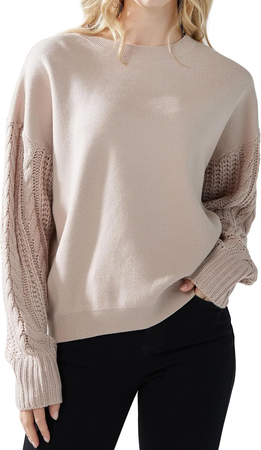 noflik Women's Soft Touch Crew Neck Long Cable Knit Sleeve Sweater Top