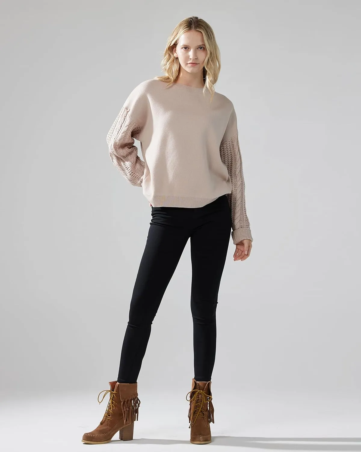 noflik Women's Soft Touch Crew Neck Long Cable Knit Sleeve Sweater Top