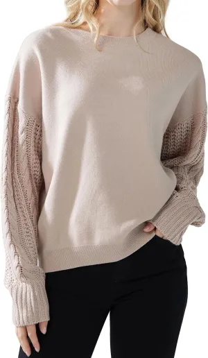 noflik Women's Soft Touch Crew Neck Long Cable Knit Sleeve Sweater Top