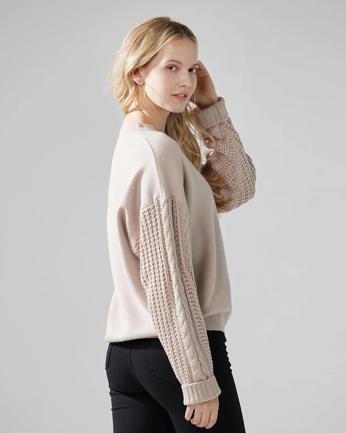 noflik Women's Soft Touch Crew Neck Long Cable Knit Sleeve Sweater Top