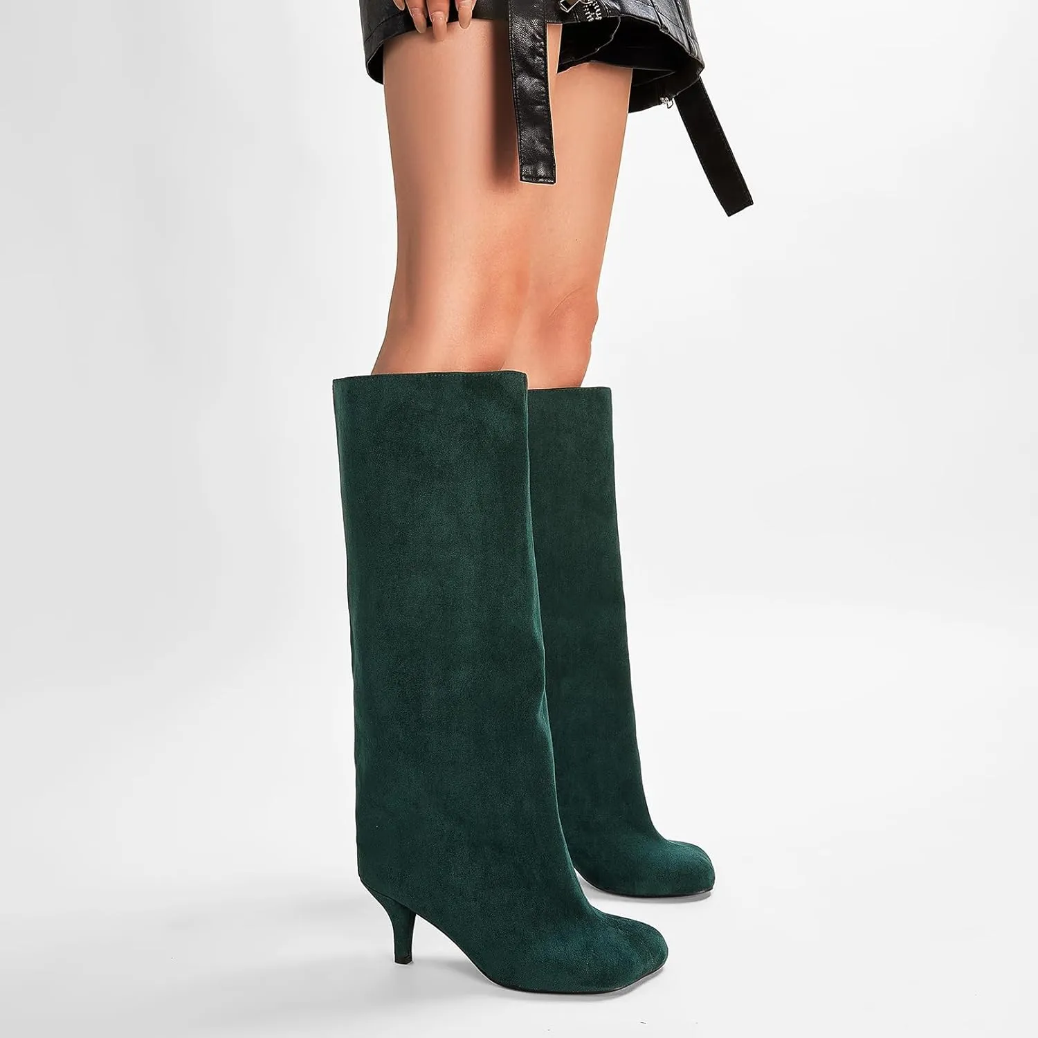 Nude Knee High Suede Boots for Women Square Toe Stiletto Heel Long Boots Wide Calf Pull On Tall Boots Fashion Comfortable Fall Boots