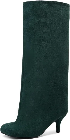 Nude Knee High Suede Boots for Women Square Toe Stiletto Heel Long Boots Wide Calf Pull On Tall Boots Fashion Comfortable Fall Boots