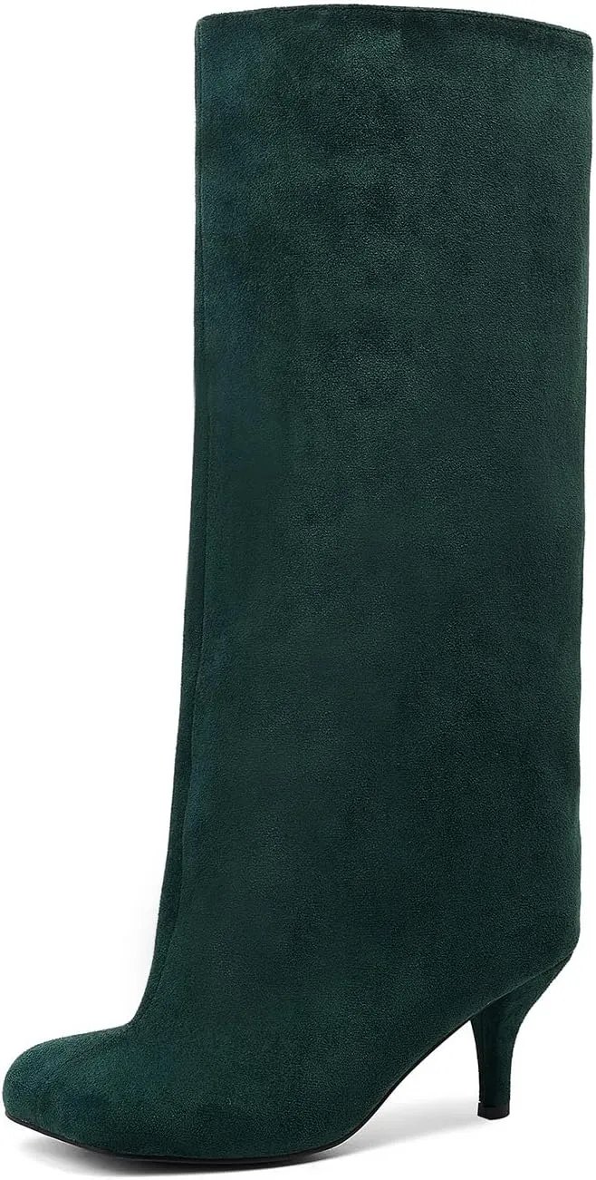 Nude Knee High Suede Boots for Women Square Toe Stiletto Heel Long Boots Wide Calf Pull On Tall Boots Fashion Comfortable Fall Boots
