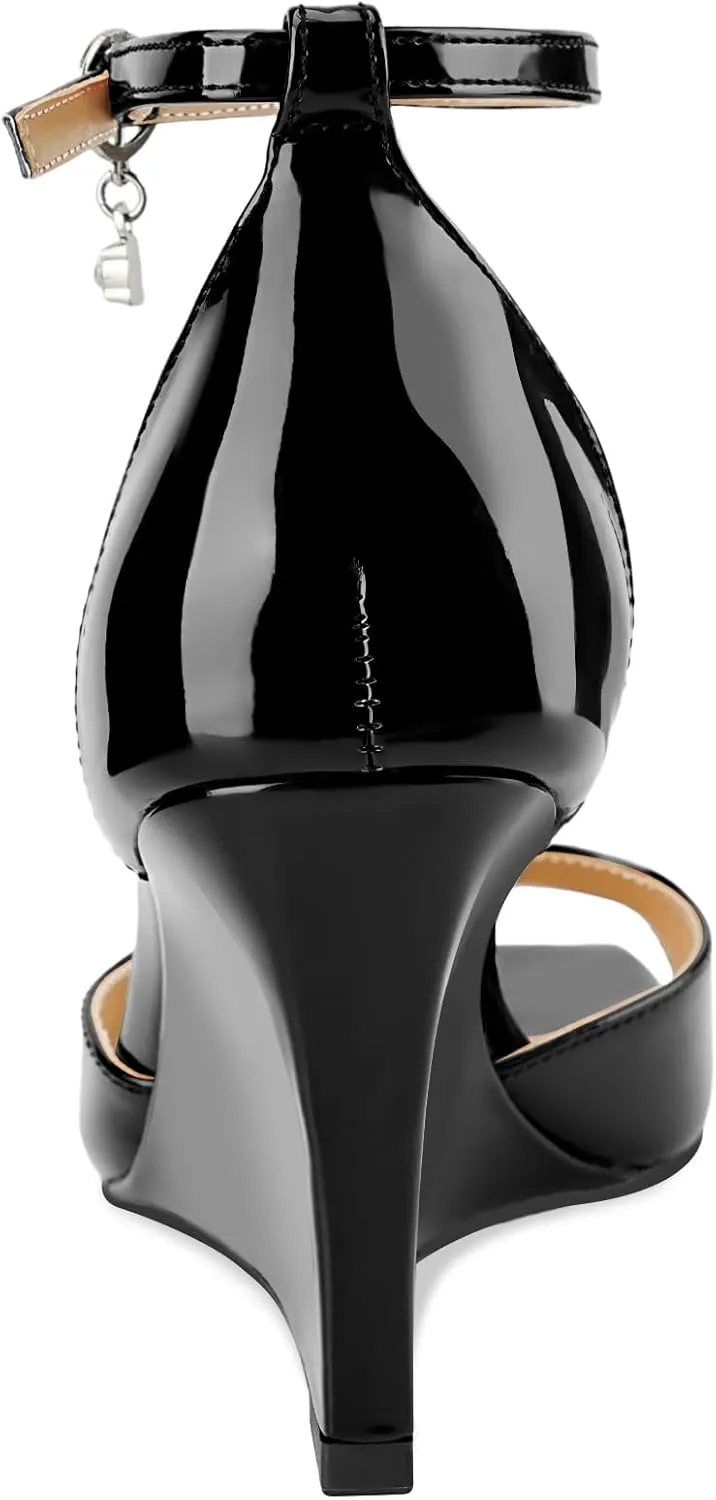 Oh Mispares Black Wedge Heels for Women Square Toe Sandals Ankle Strap 3.5 Inch Elegant Wedding Sandals for Brides