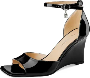 Oh Mispares Black Wedge Heels for Women Square Toe Sandals Ankle Strap 3.5 Inch Elegant Wedding Sandals for Brides