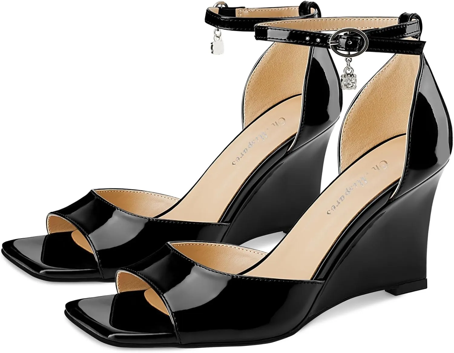 Oh Mispares Black Wedge Heels for Women Square Toe Sandals Ankle Strap 3.5 Inch Elegant Wedding Sandals for Brides