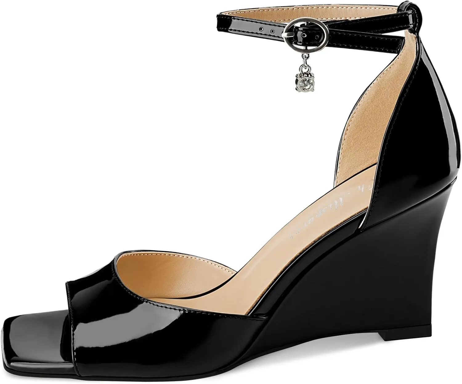 Oh Mispares Black Wedge Heels for Women Square Toe Sandals Ankle Strap 3.5 Inch Elegant Wedding Sandals for Brides