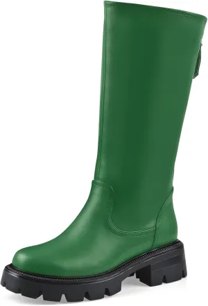Oh Mispares Lug Sole Mid-calf High Boots for Women Extra Wide Calf Chunky Round Toe Knee High Chic Riding Boots Zipper Adjustable Calf Fashion Boots 2 Inches