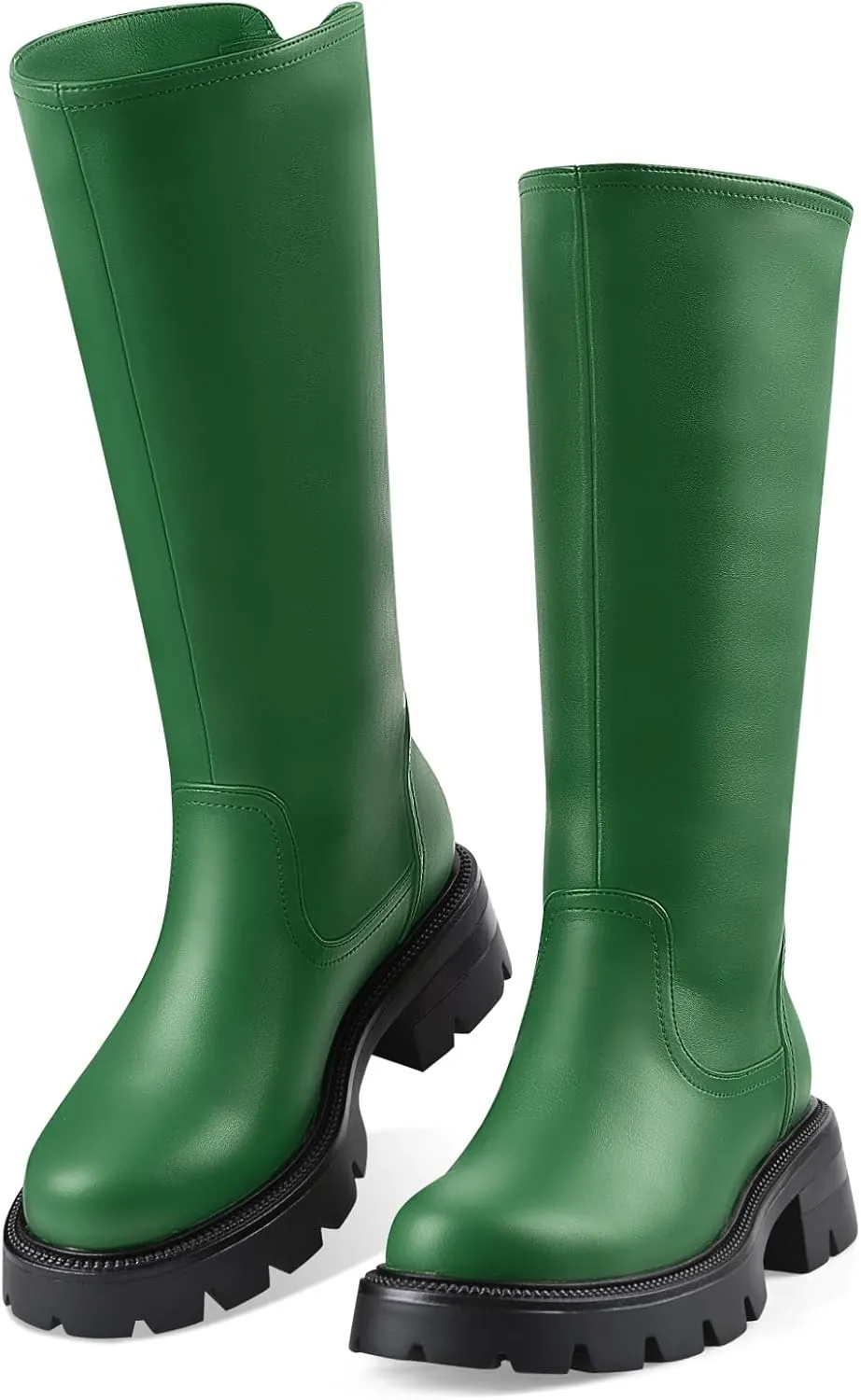 Oh Mispares Lug Sole Mid-calf High Boots for Women Extra Wide Calf Chunky Round Toe Knee High Chic Riding Boots Zipper Adjustable Calf Fashion Boots 2 Inches