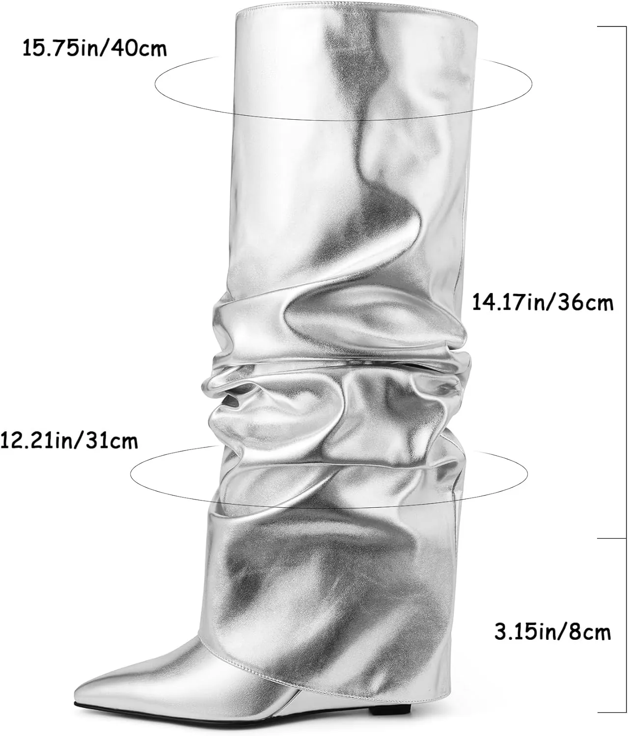Oiamenne Women's Fold Over Boots Slouch Knee High Boots for Women Wedge Heel Pointed Toe Tall Boot, Wide Calf, Pull-on