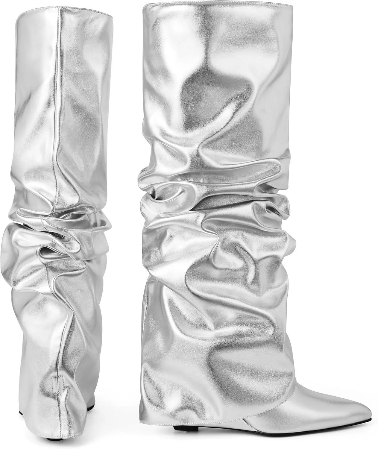 Oiamenne Women's Fold Over Boots Slouch Knee High Boots for Women Wedge Heel Pointed Toe Tall Boot, Wide Calf, Pull-on