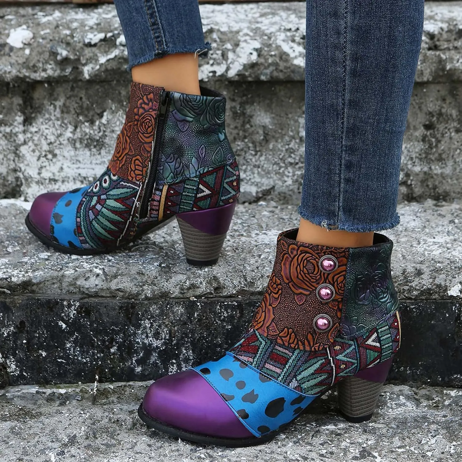 oiangi Boots for Women Ankle Booties Ethnic Style Tapered Heel Round Toe Button Side Zipper Booties Fall Winter Dressy Casual Comfy Ladies Shoes