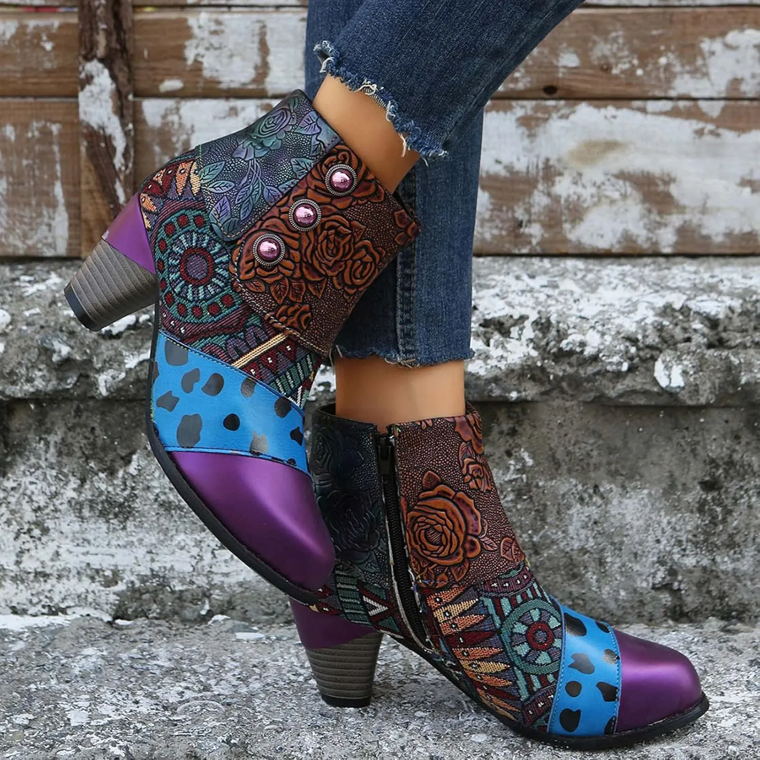 oiangi Boots for Women Ankle Booties Ethnic Style Tapered Heel Round Toe Button Side Zipper Booties Fall Winter Dressy Casual Comfy Ladies Shoes