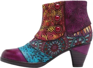 oiangi Boots for Women Ankle Booties Ethnic Style Tapered Heel Round Toe Button Side Zipper Booties Fall Winter Dressy Casual Comfy Ladies Shoes
