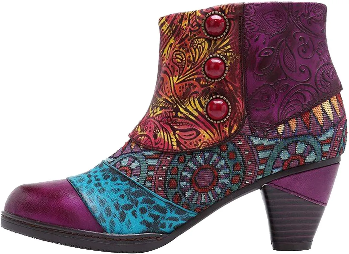 oiangi Boots for Women Ankle Booties Ethnic Style Tapered Heel Round Toe Button Side Zipper Booties Fall Winter Dressy Casual Comfy Ladies Shoes