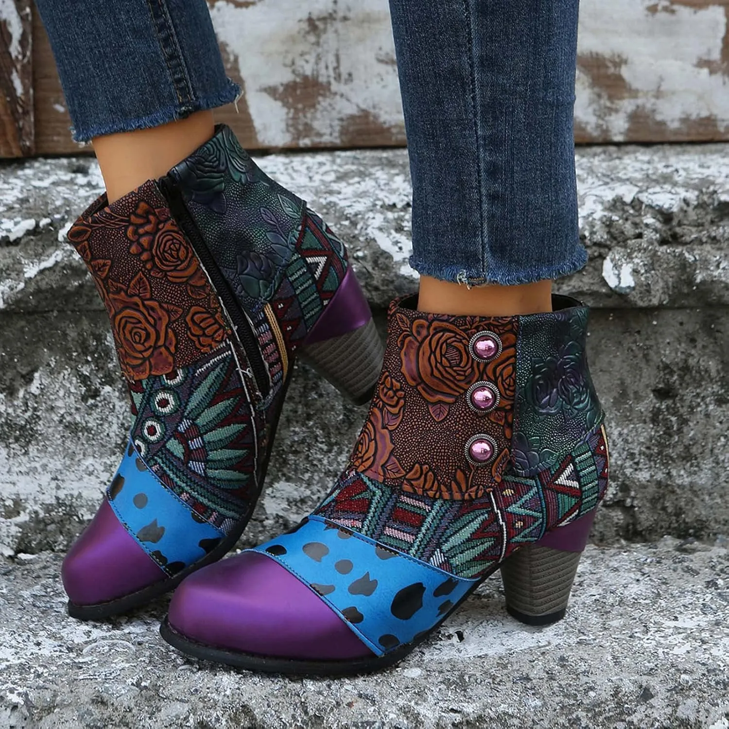 oiangi Boots for Women Ankle Booties Ethnic Style Tapered Heel Round Toe Button Side Zipper Booties Fall Winter Dressy Casual Comfy Ladies Shoes