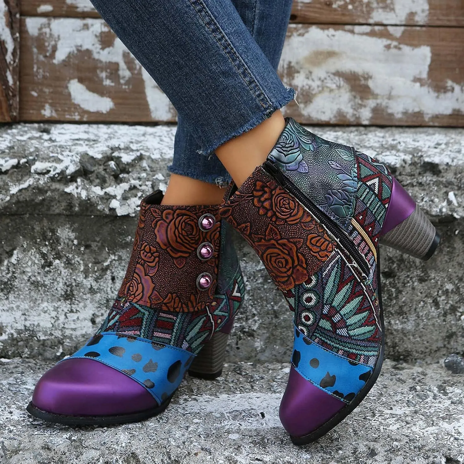 oiangi Boots for Women Ankle Booties Ethnic Style Tapered Heel Round Toe Button Side Zipper Booties Fall Winter Dressy Casual Comfy Ladies Shoes