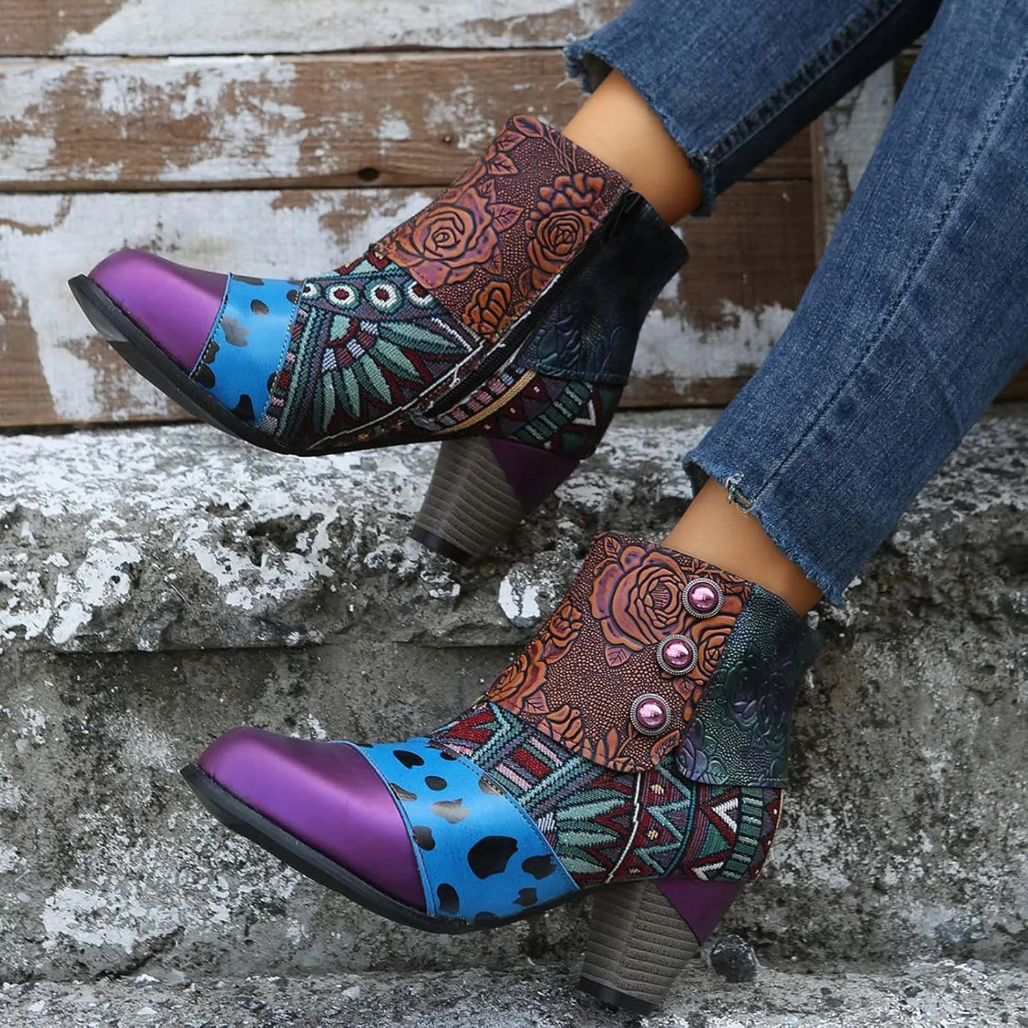 oiangi Boots for Women Ankle Booties Ethnic Style Tapered Heel Round Toe Button Side Zipper Booties Fall Winter Dressy Casual Comfy Ladies Shoes
