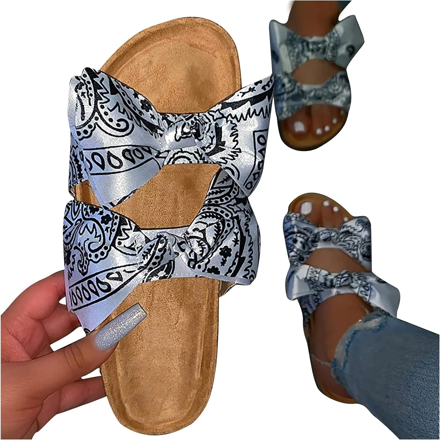oiangi Bow Flat Sandals for Women Summer Trendy Casual Print Double Strap Open Toe Slip-on Slippers Lightweight Comfortable Beach Shoes Flip Flops