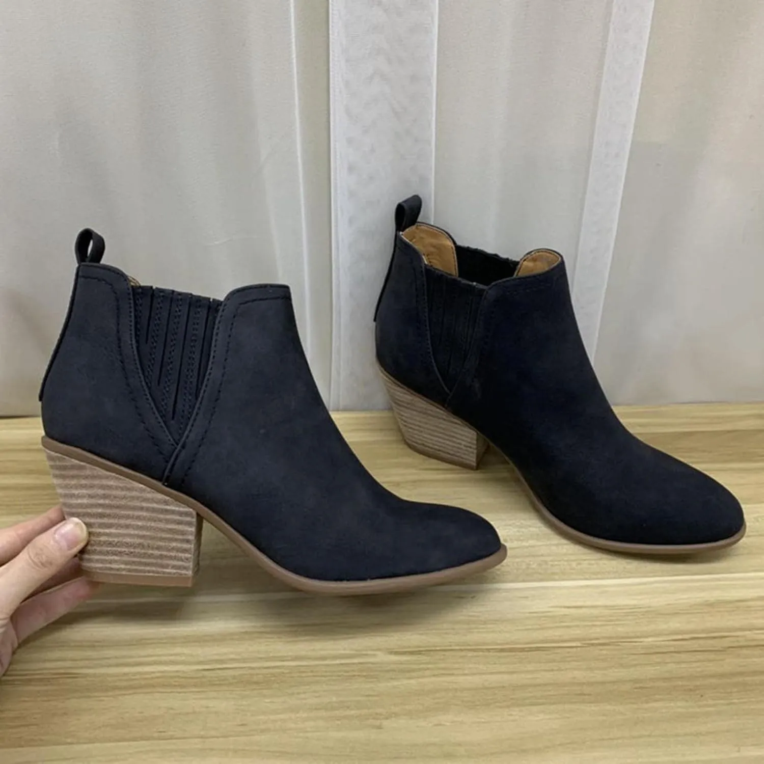 oiangi Fall Boots for Women 2022 Trendy Suede Slip on V Cutout Round Toe Zipper Chunky Stacked Mid Heel Ankle Booties Solid Cute Comfy Ladies Casual Shoes