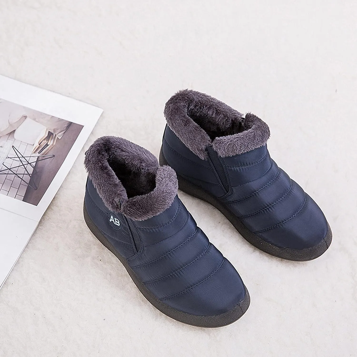 oiangi Platform Snow Boots for Women Waterproof Fashion Quilted Keep Warm Round Toe Slip-on Flats Booties Winter Soft Comfortable Outdoor Casual Shoes