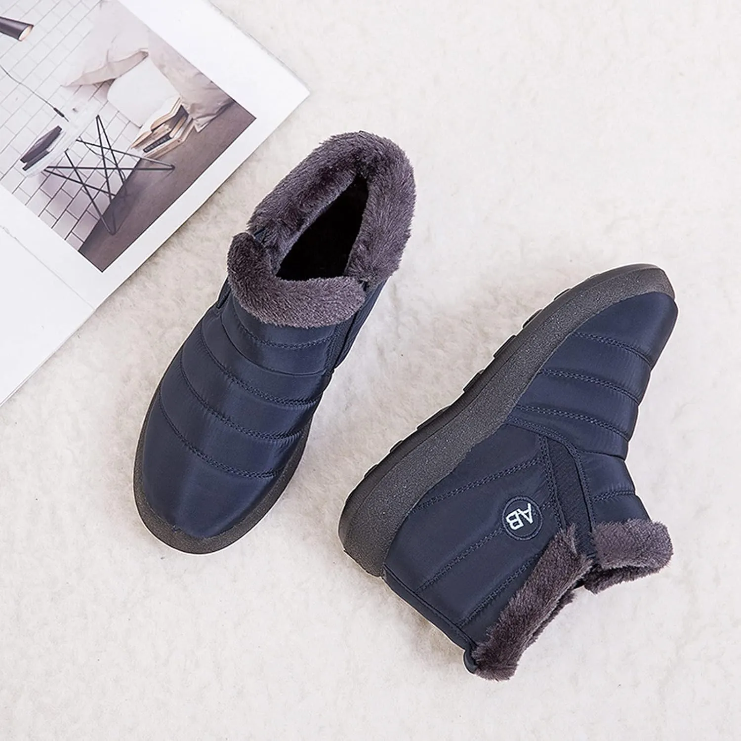 oiangi Platform Snow Boots for Women Waterproof Fashion Quilted Keep Warm Round Toe Slip-on Flats Booties Winter Soft Comfortable Outdoor Casual Shoes