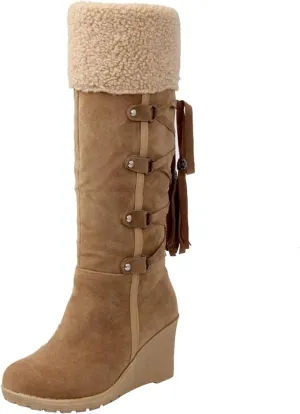 oiangi Wedges Snow Boots for Women Fashion Round Head Cross Straps Lace Up Tassels Middle Calf Boots Comfortable Soft Ladies Outdoor Boots Shoes