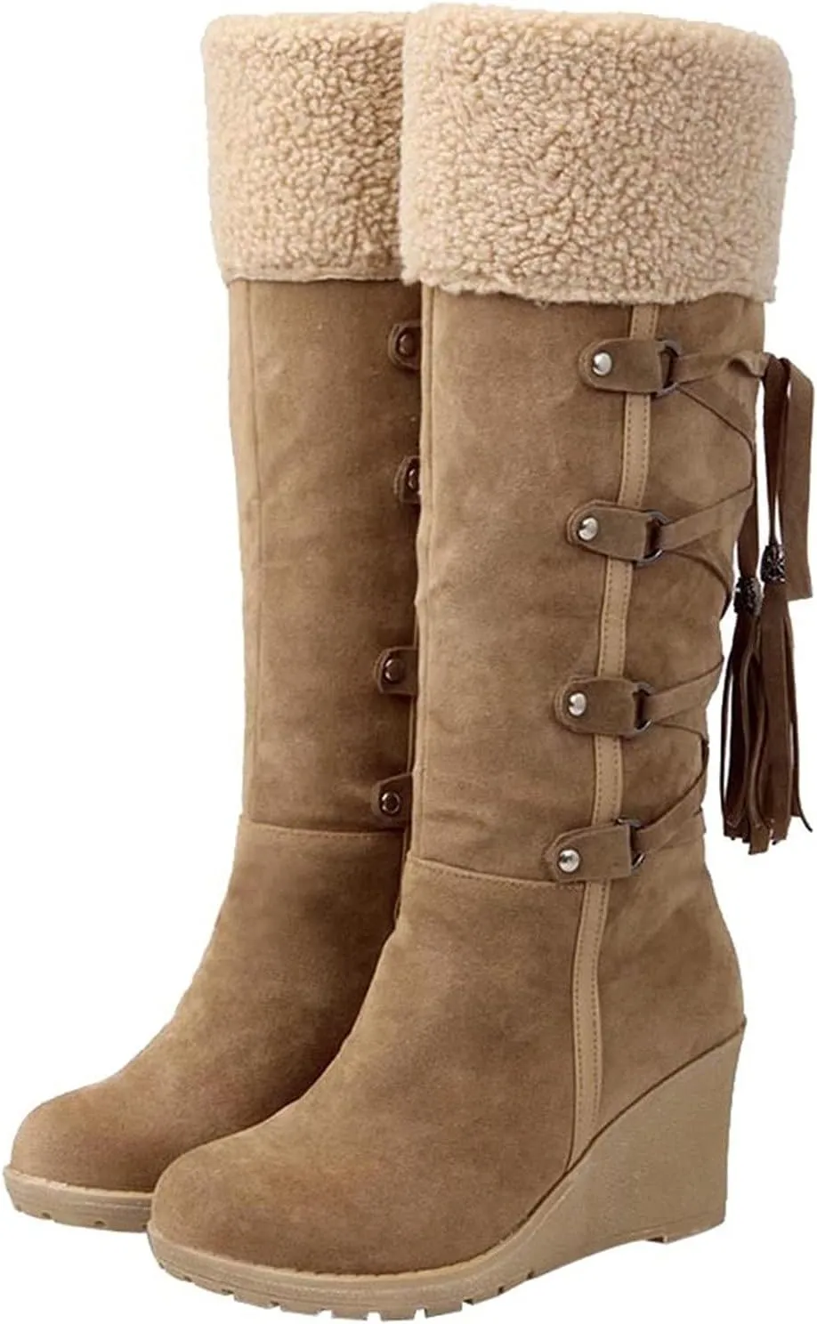 oiangi Wedges Snow Boots for Women Fashion Round Head Cross Straps Lace Up Tassels Middle Calf Boots Comfortable Soft Ladies Outdoor Boots Shoes