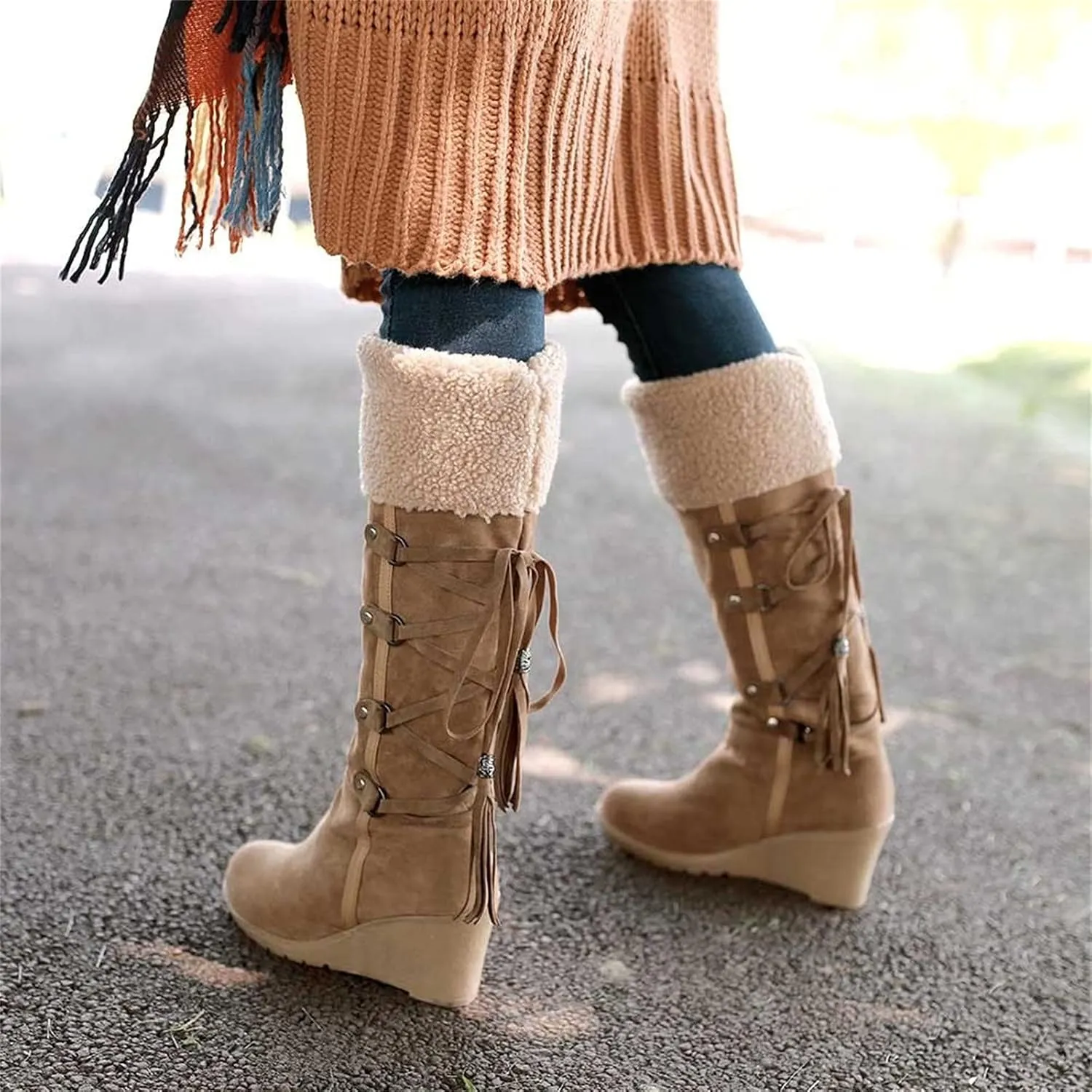oiangi Wedges Snow Boots for Women Fashion Round Head Cross Straps Lace Up Tassels Middle Calf Boots Comfortable Soft Ladies Outdoor Boots Shoes