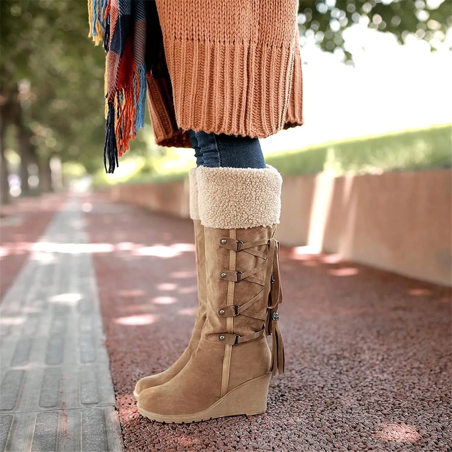 oiangi Wedges Snow Boots for Women Fashion Round Head Cross Straps Lace Up Tassels Middle Calf Boots Comfortable Soft Ladies Outdoor Boots Shoes