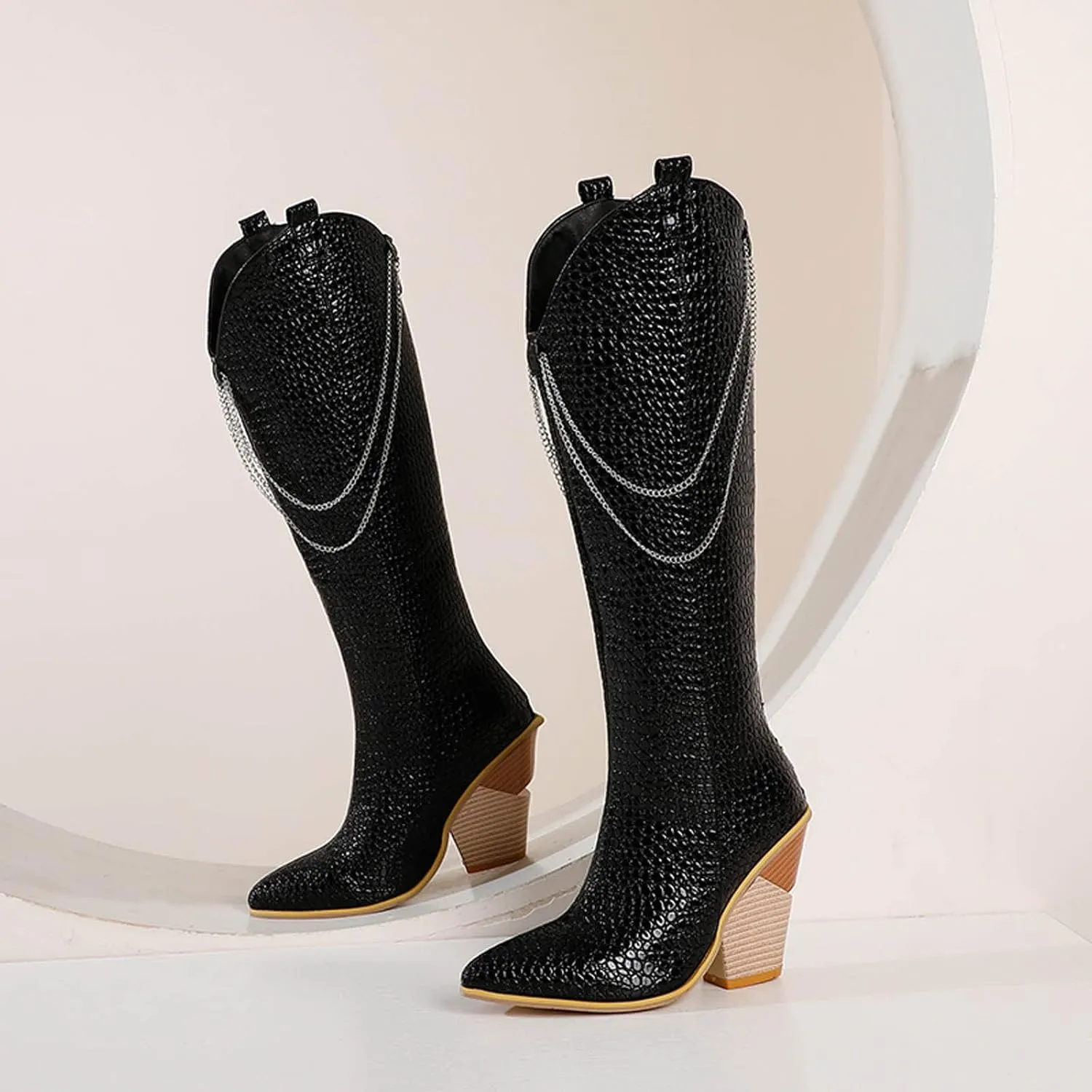 oiangi Womens Snake Print Western Boots - Fashion Back Zipper Metal Chain Chunky High Heel Mid Calf Boots Casual Trendy Stacked Heel Leather Shoes