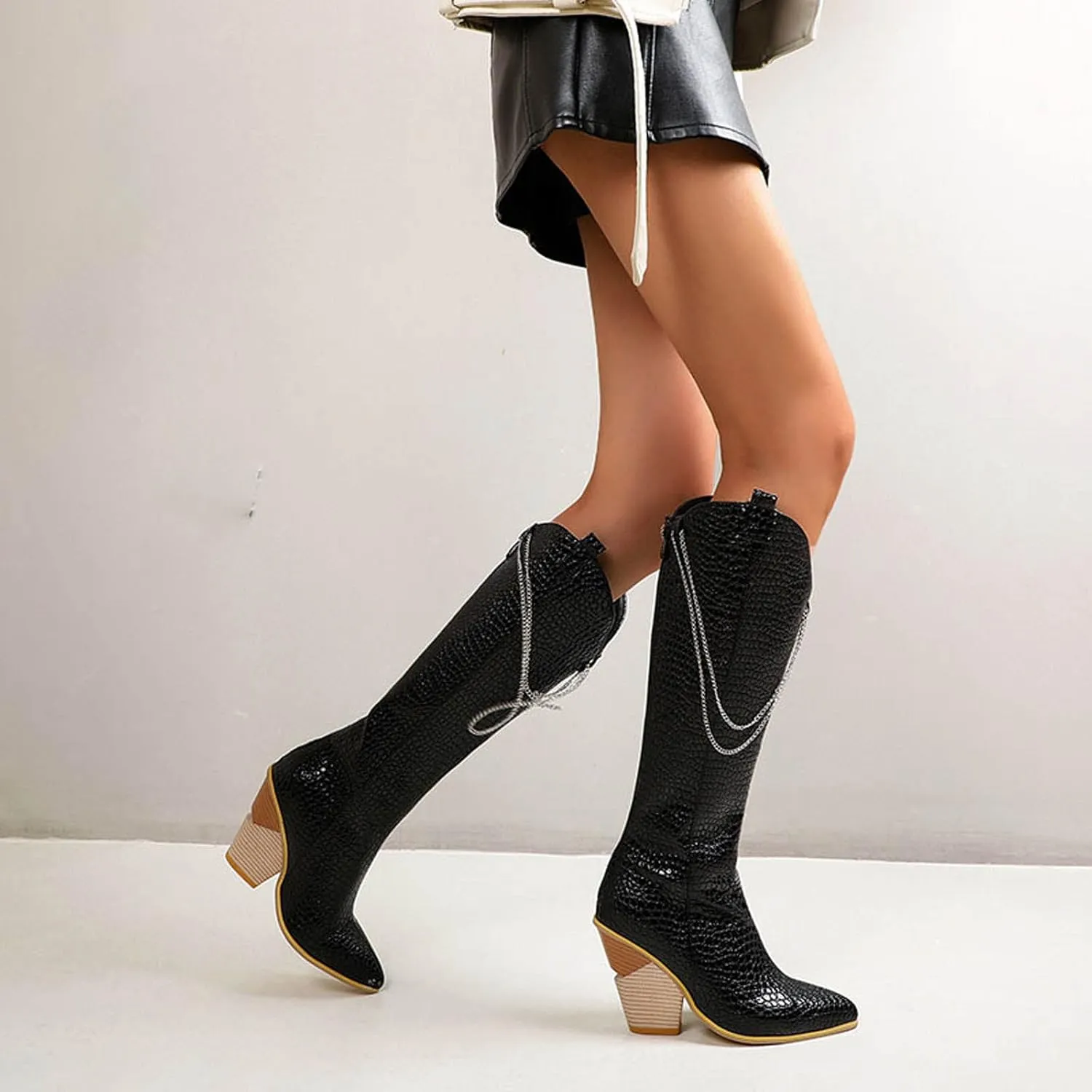 oiangi Womens Snake Print Western Boots - Fashion Back Zipper Metal Chain Chunky High Heel Mid Calf Boots Casual Trendy Stacked Heel Leather Shoes