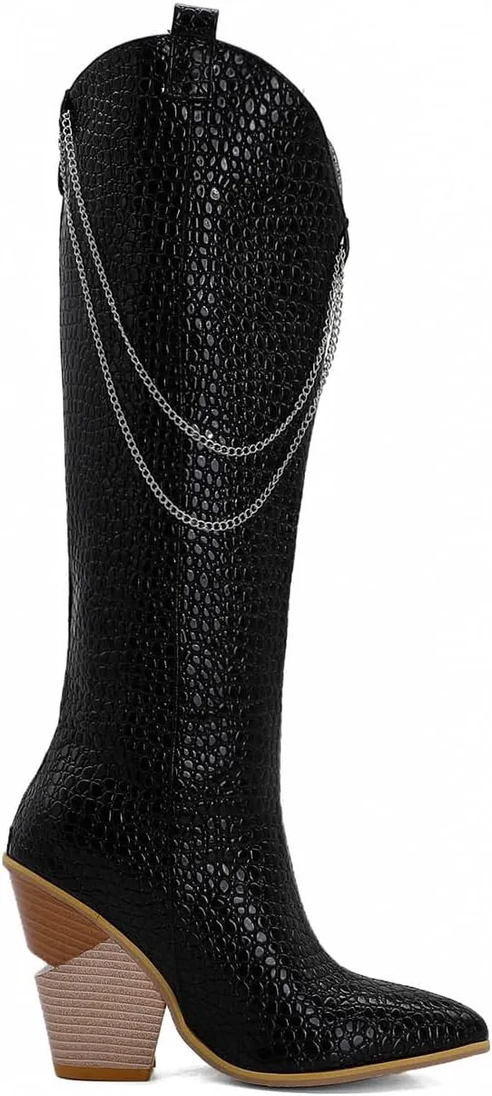 oiangi Womens Snake Print Western Boots - Fashion Back Zipper Metal Chain Chunky High Heel Mid Calf Boots Casual Trendy Stacked Heel Leather Shoes