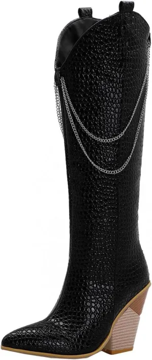 oiangi Womens Snake Print Western Boots - Fashion Back Zipper Metal Chain Chunky High Heel Mid Calf Boots Casual Trendy Stacked Heel Leather Shoes